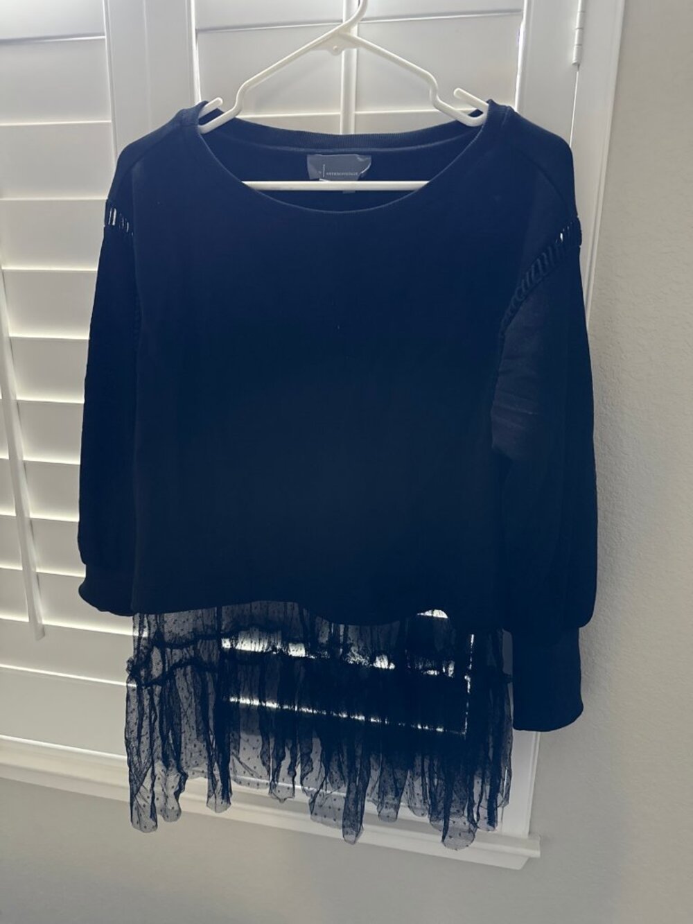 Anthropologie Black Pullover Sweater SP Tulle Ruffle Hem Sheer Dot Sleeves